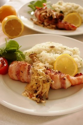 タラのベーコン巻ききのこクリームソース