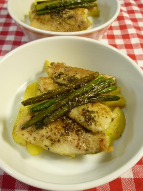 アジのバジルオイル焼き！にんにくの芽風味