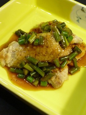 アジのゆず胡椒あん♪にんにくの芽！