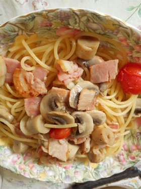 夫が作るマッシュルームスパゲティ