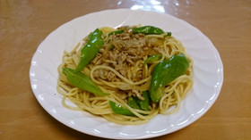 万願寺とうがらしとひき肉のパスタ