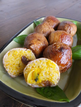 ほっくり甘いカボチャご飯の肉巻きおにぎり