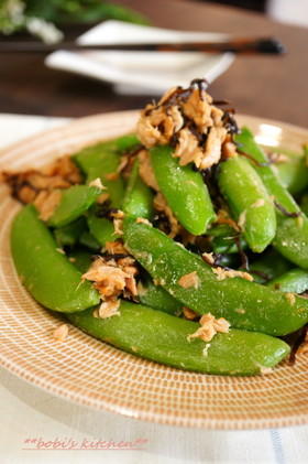 スナップエンドウのサッと炒めツナ＆塩昆布