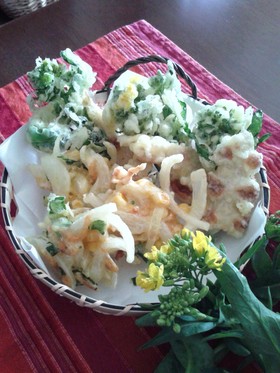 新玉葱かき揚げ＆菜の花花束天ぷら♪