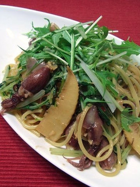 ホタルイカと筍・水菜の和風ペペロンチーノ