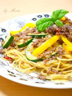 ズッキーニと肉みそのピリ辛スパゲティ
