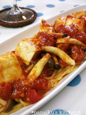 豆腐としめじのガーリックトマトパスタ