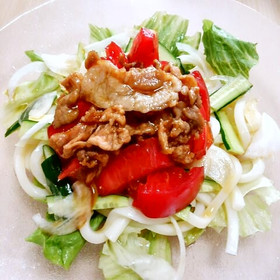 豚焼肉とトマトの冷やしうどん