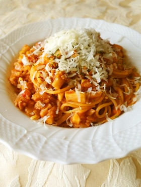 ワンポットパスタ☆挽肉と蓮根のボロネーゼ