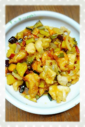 鶏むね肉で♪残り野菜の黒酢餡(^○^)