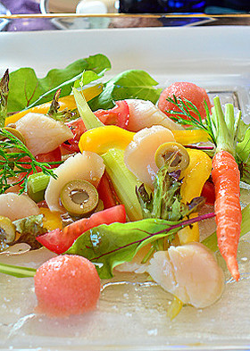  霜降りホタテと野菜をタラコソースで♪