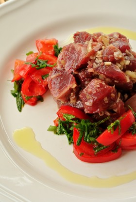 簡単！鰹の茗荷ポン酢和え 大葉トマト添え