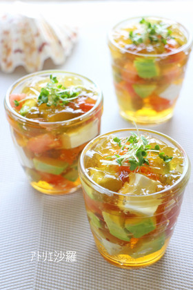 レンジで簡単♪夏野菜と豆腐の和風ジュレ