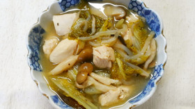 鶏ささみと青菜きのこの スープ煮塩味で♡