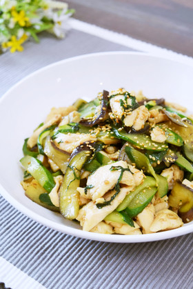 大葉香る♡ささみと茄子ときゅうりの炒め♪