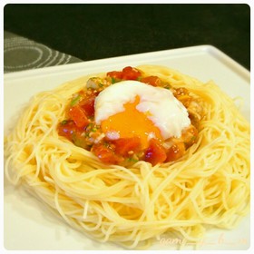 マグロのネギ塩ユッケで冷製カッペリーニ♪