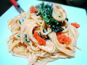 ちぢみほうれん草と明太子のクリームパスタ